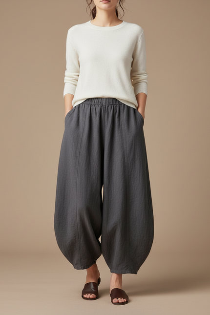 Pantalon Chinois Gris Ample Lin Décontracté Femme