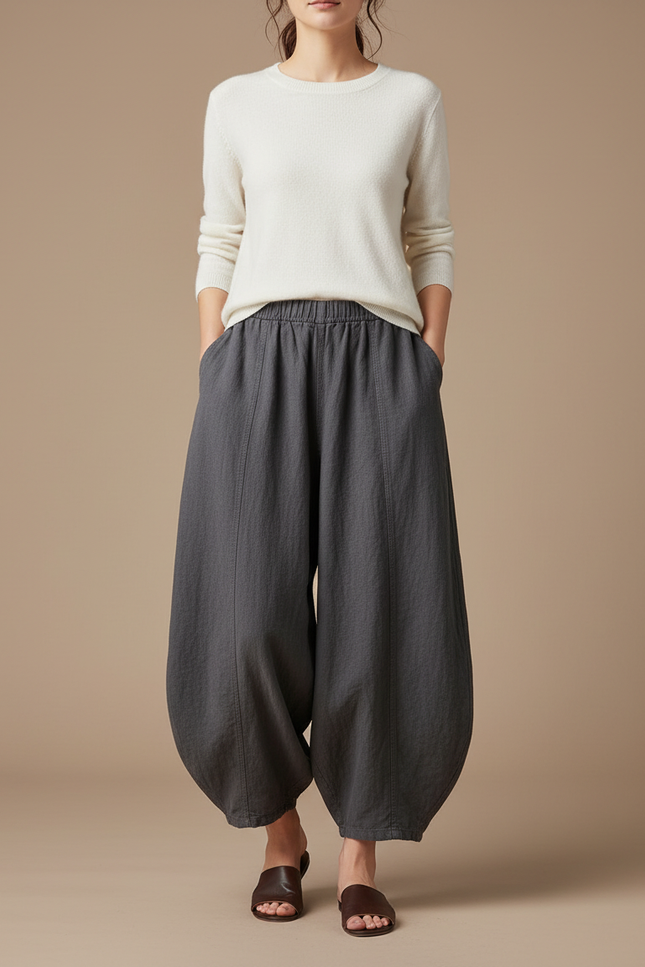 Pantalon Chinois Gris Ample Lin Décontracté Femme