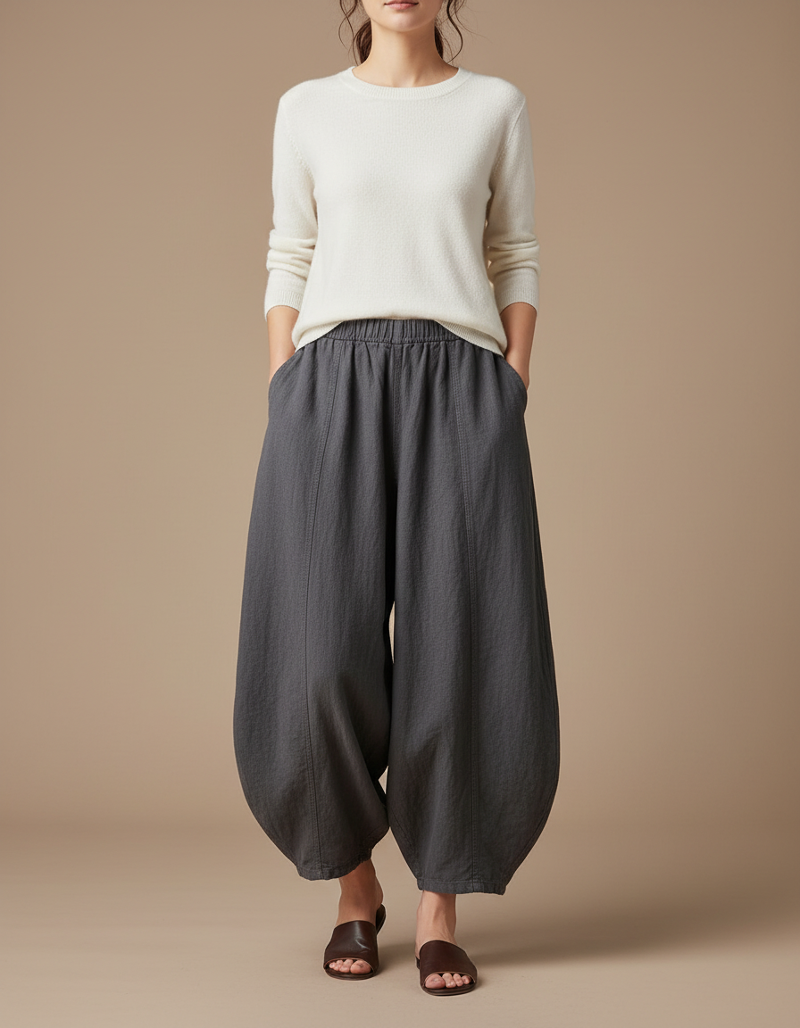 Pantalon Chinois Gris Ample Lin Décontracté Femme