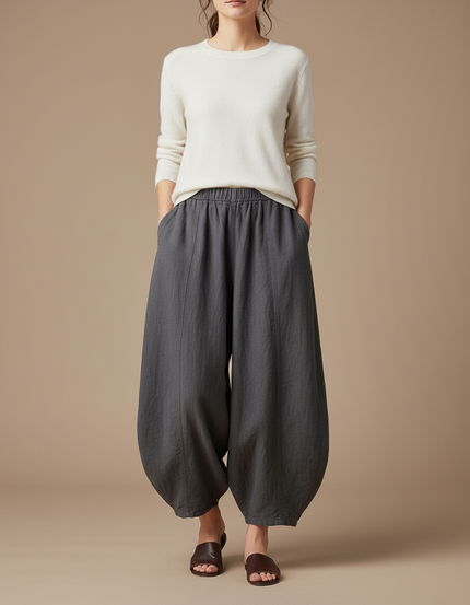 Pantalon Chinois Gris Ample Lin Décontracté Femme
