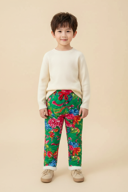 Pantalon Chinois Vert Floral Matelassé Enfant Doublé - Polyester