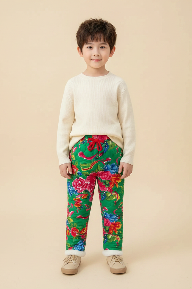 Pantalon Chinois Vert Floral Matelassé Enfant Doublé - Polyester