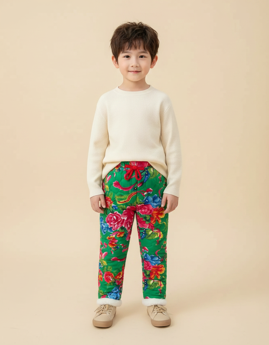 Pantalon Chinois Vert Floral Matelassé Enfant Doublé - Polyester