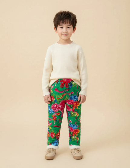 Pantalon Chinois Vert Floral Matelassé Enfant Doublé - Polyester