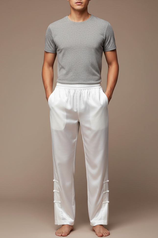 Pantalon Chinois Blanc Satiné Ample Décontracté Homme