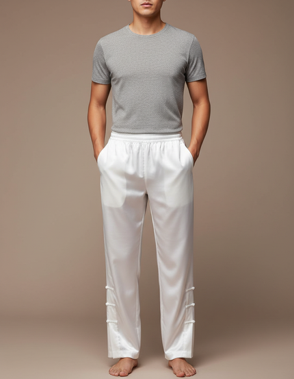Pantalon Chinois Blanc Satiné Ample Décontracté Homme