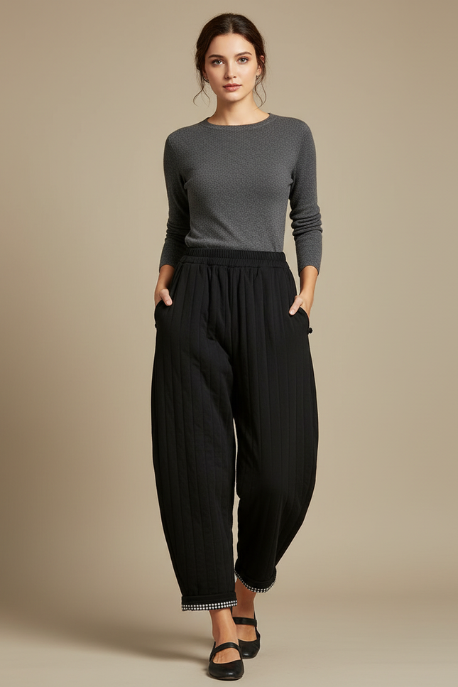 Pantalon Chinois Noir Matelassé Ample Harem Chaud - Molleton