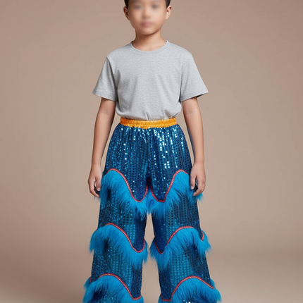 Pantalon Chinois Pailleté Bleu Franges Danse Enfant - Polyester