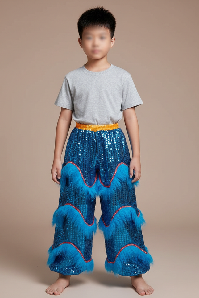 Pantalon Chinois Pailleté Bleu Franges Danse Enfant - Polyester
