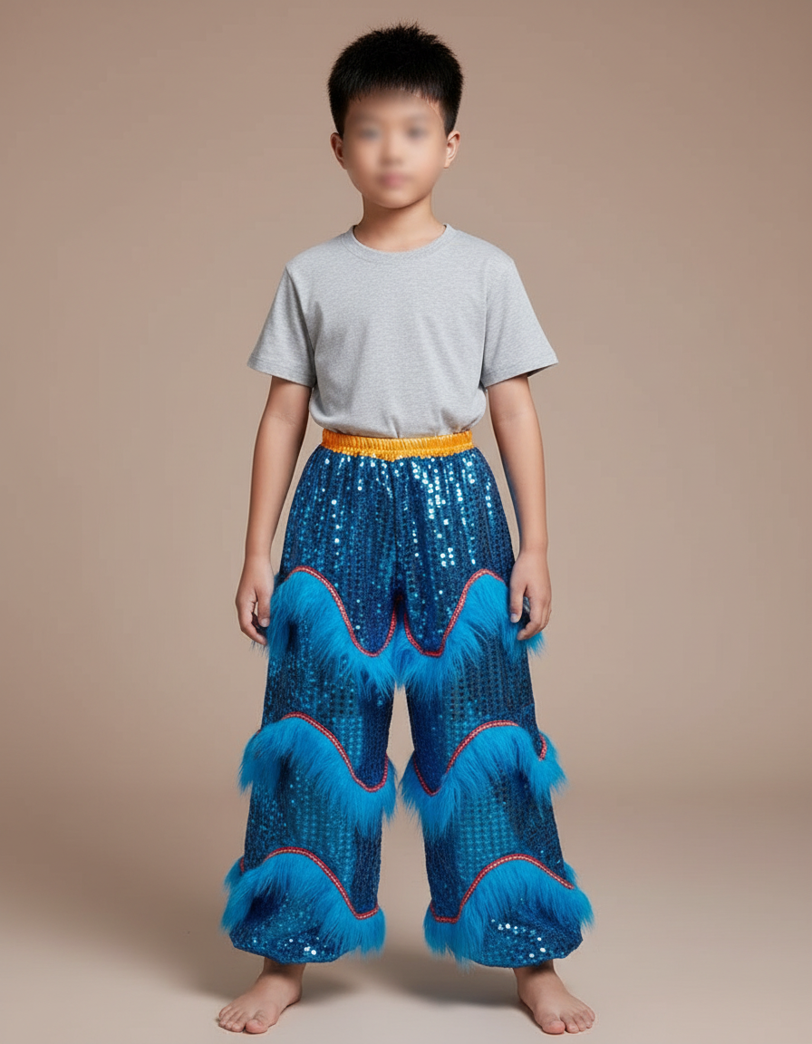 Pantalon Chinois Pailleté Bleu Franges Danse Enfant - Polyester