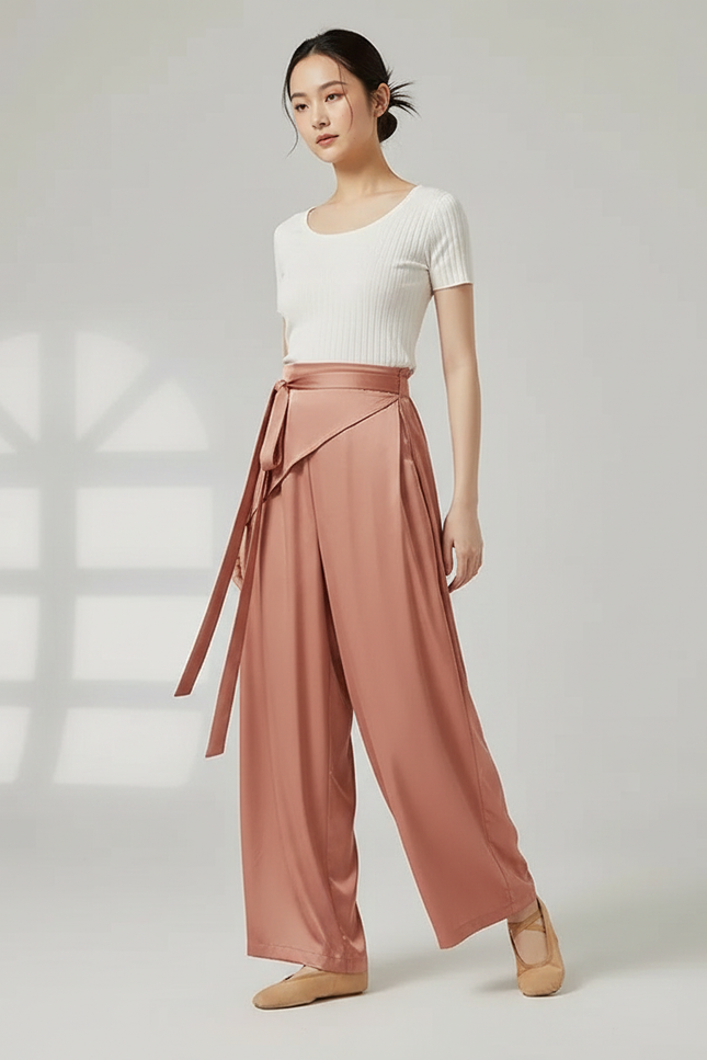Pantalon Chinois Satiné Rose Ample Fluide Élégant