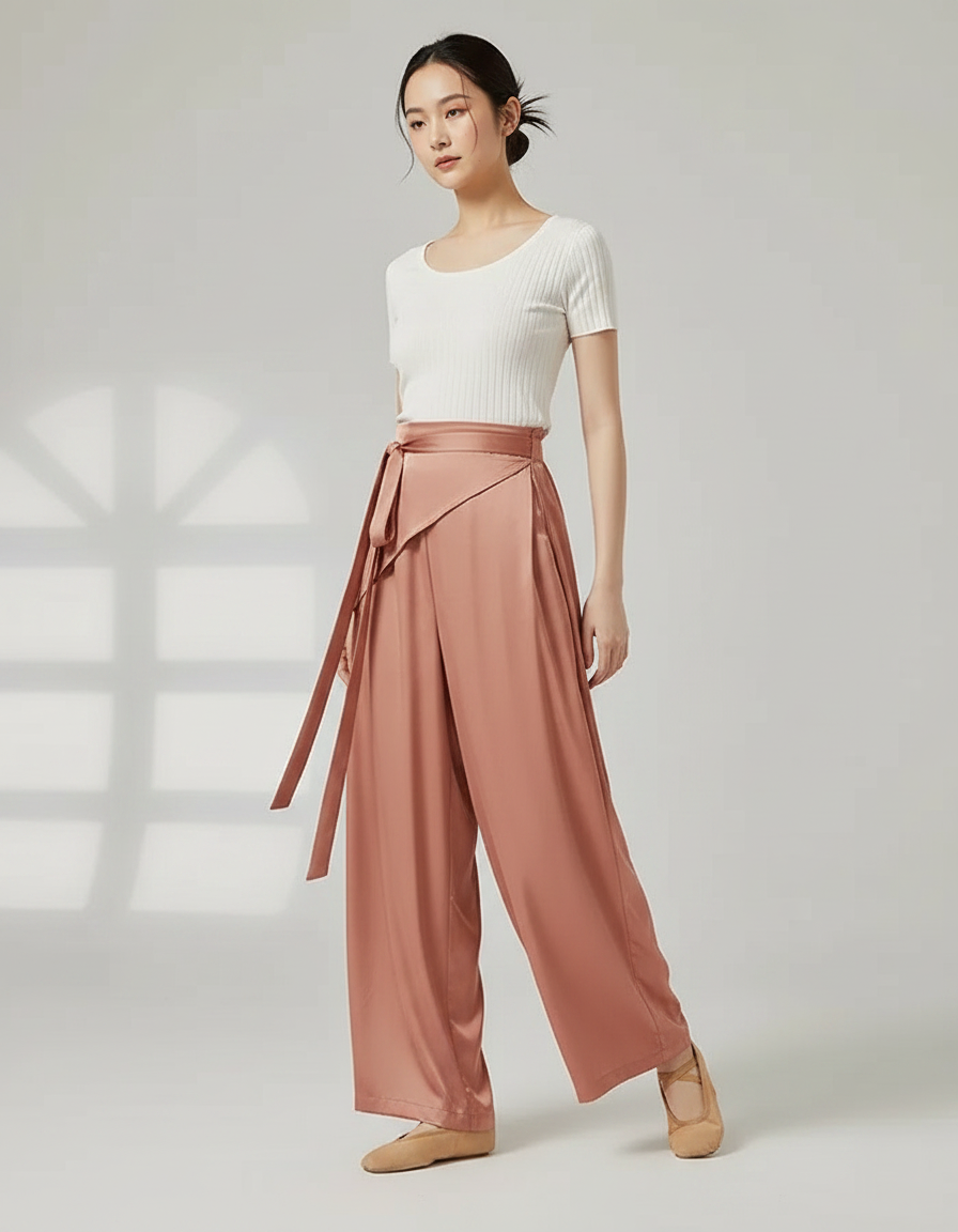 Pantalon Chinois Satiné Rose Ample Fluide Élégant