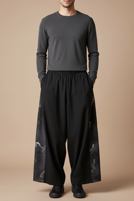 Pantalon Chinois Noir Ample Brodé Style Japonais - Viscose