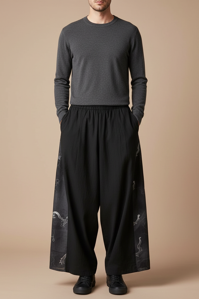 Pantalon Chinois Noir Ample Brodé Style Japonais - Viscose