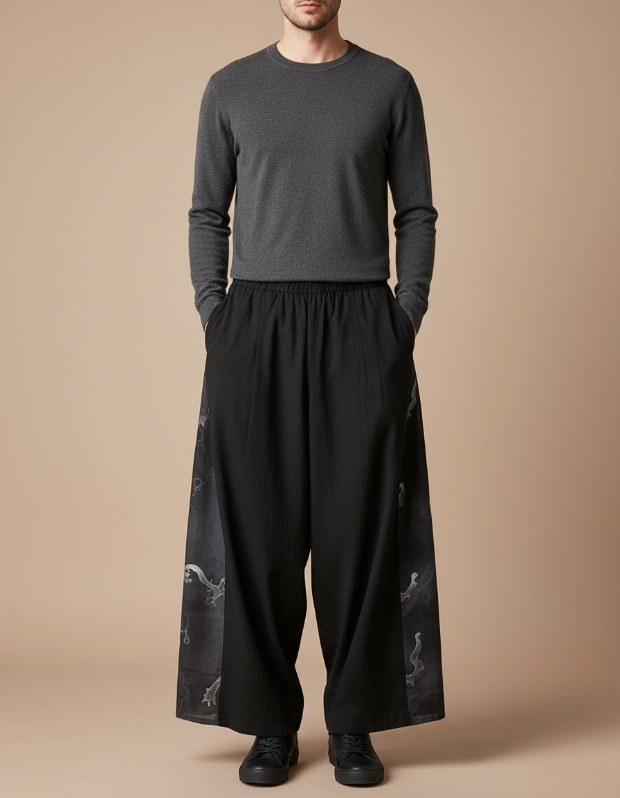 Pantalon Chinois Noir Ample Brodé Style Japonais - Viscose