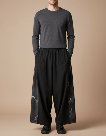 Pantalon Chinois Noir Ample Brodé Style Japonais - Viscose