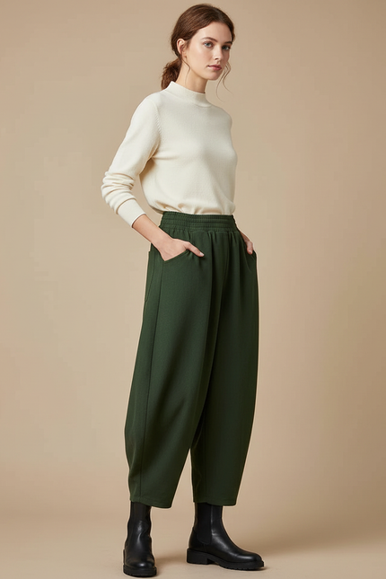 Pantalon Chinois Vert Ample Taille Haute Décontracté - Molleton