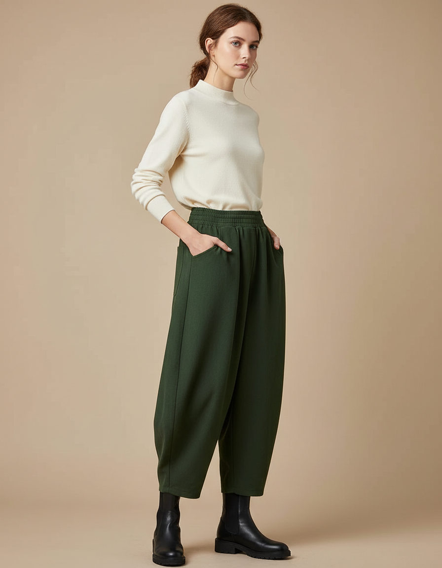 Pantalon Chinois Vert Ample Taille Haute Décontracté - Molleton