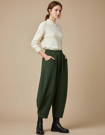 Pantalon Chinois Vert Ample Taille Haute Décontracté - Molleton