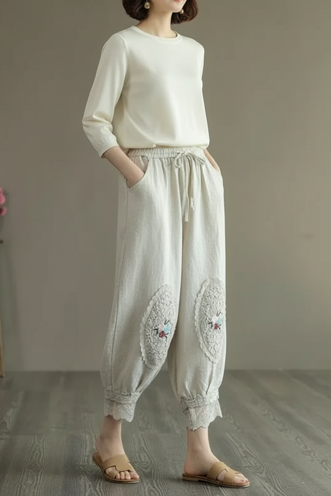 Pantalon Chinois Lin Coton Harem Brodé Ethnique Écru - Beige