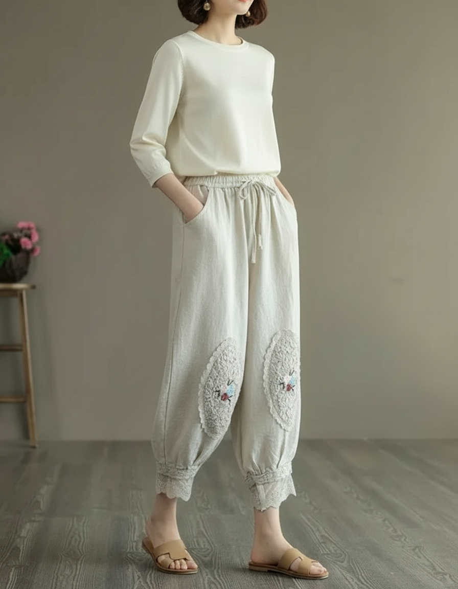 Pantalon Chinois Lin Coton Harem Brodé Ethnique Écru - Beige