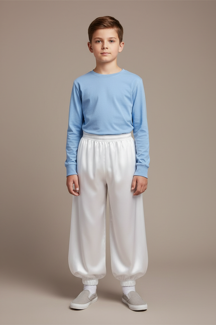 Pantalon Chinois Blanc Ample Satiné Élastique Enfant