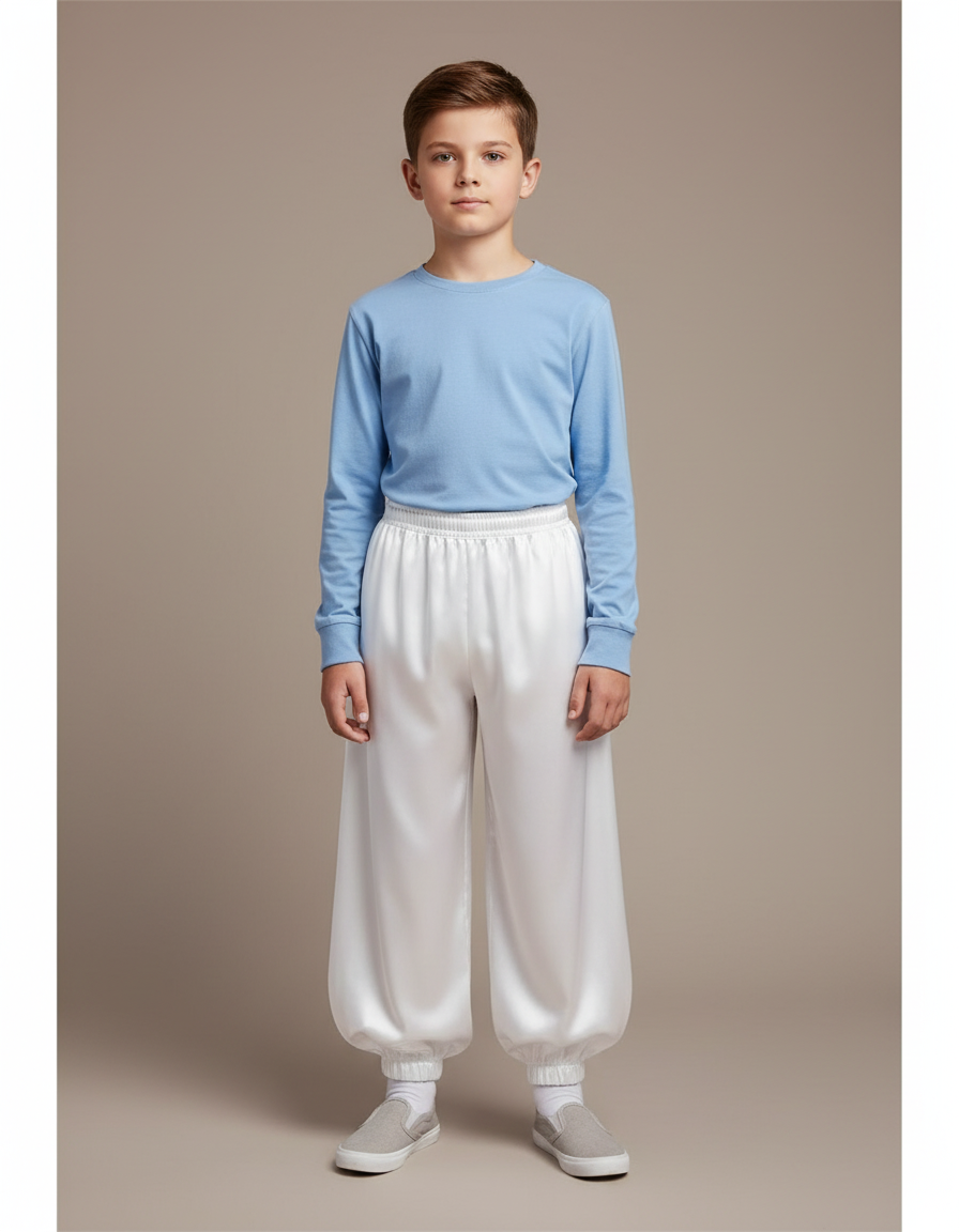 Pantalon Chinois Blanc Ample Satiné Élastique Enfant