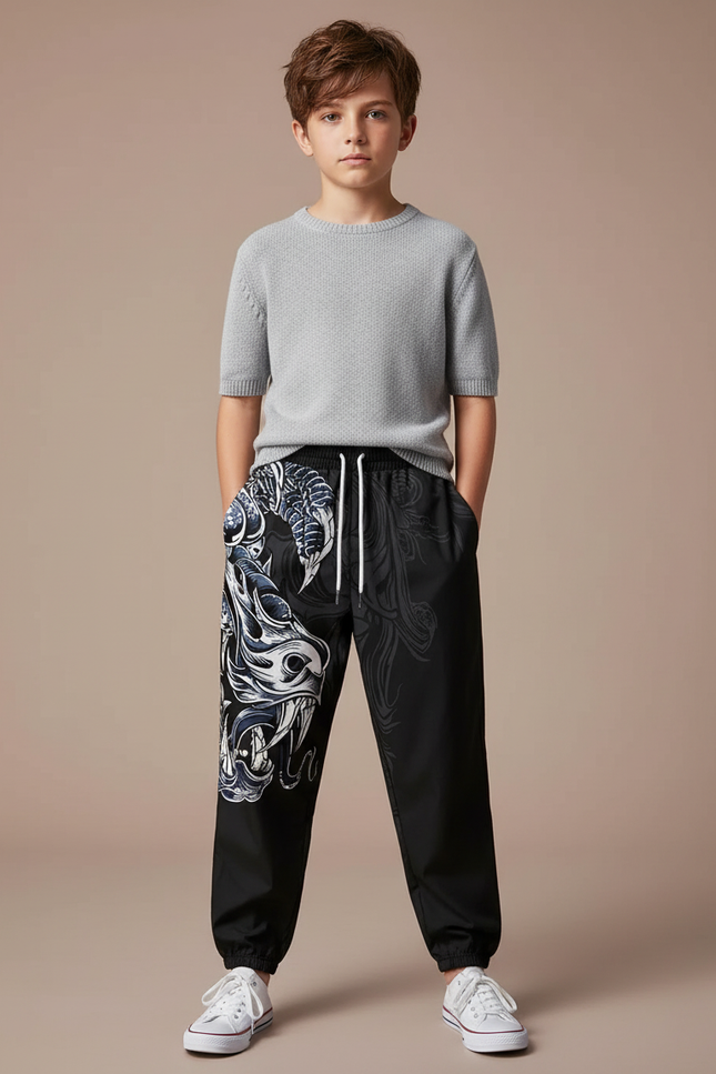 Pantalon Chinois Noir Streetwear Dragon Ample Garçon - Polyester