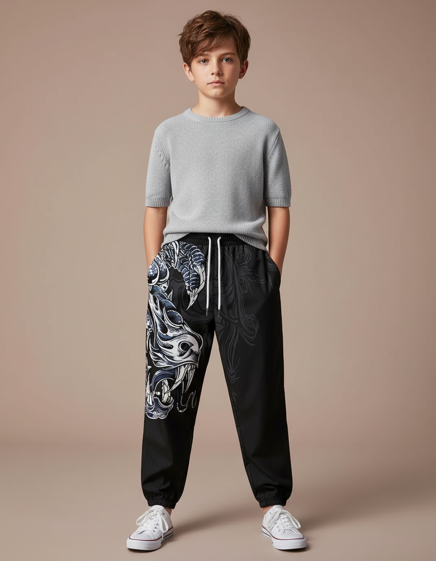 Pantalon Chinois Noir Streetwear Dragon Ample Garçon - Polyester
