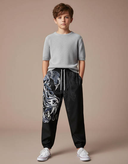 Pantalon Chinois Noir Streetwear Dragon Ample Garçon - Polyester