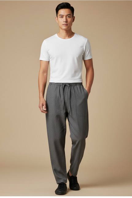 Pantalon Chinois Gris Ample Coton Homme Vintage