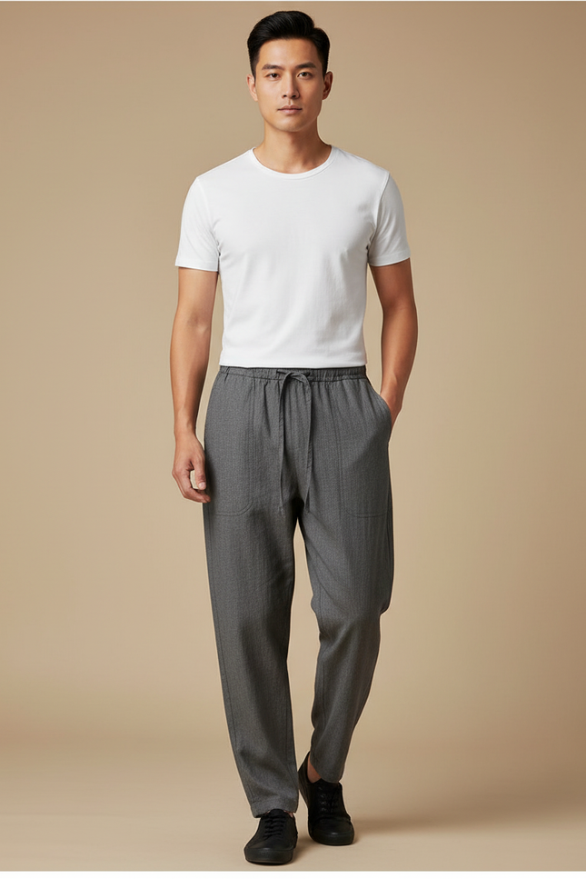 Pantalon Chinois Gris Ample Coton Homme Vintage