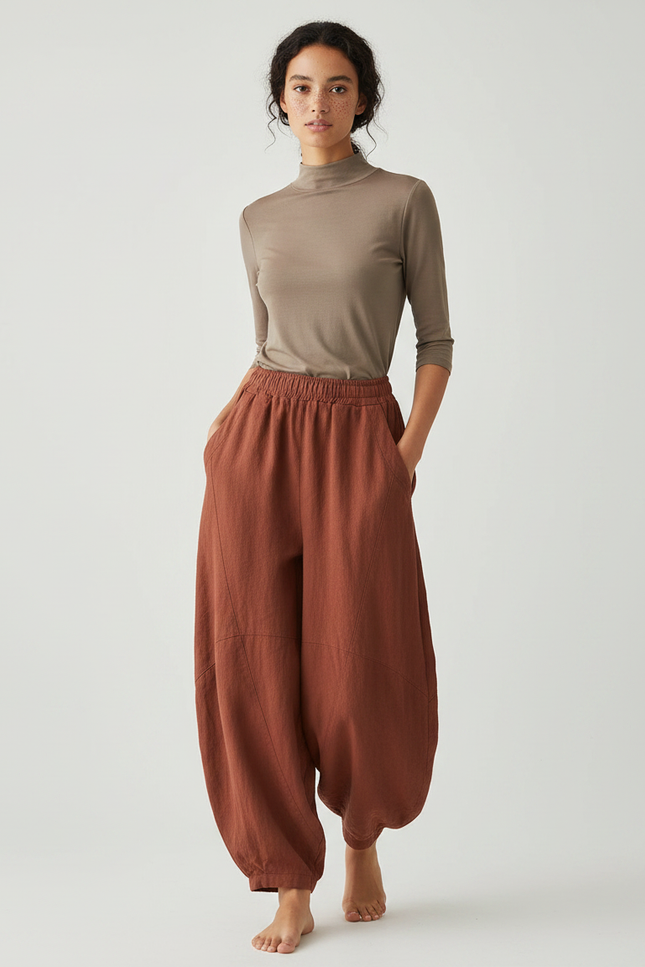 Pantalon Chinois Lin Ample Confortable Marron Femme