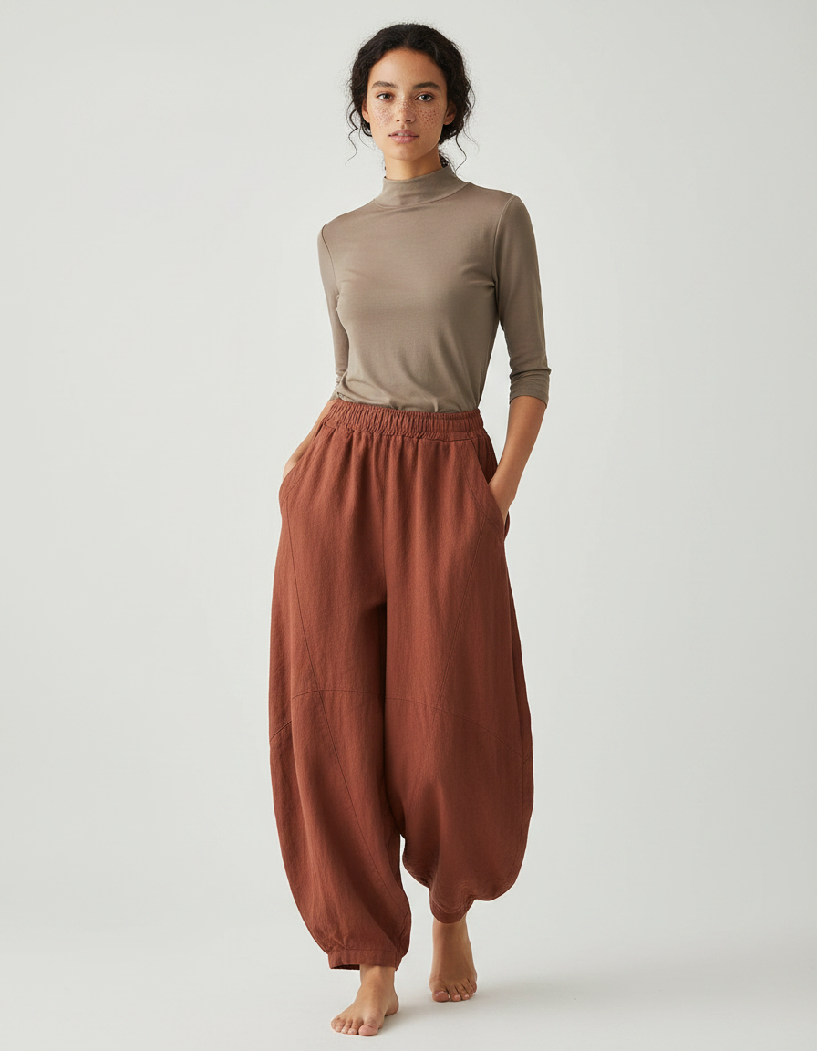 Pantalon Chinois Lin Ample Confortable Marron Femme