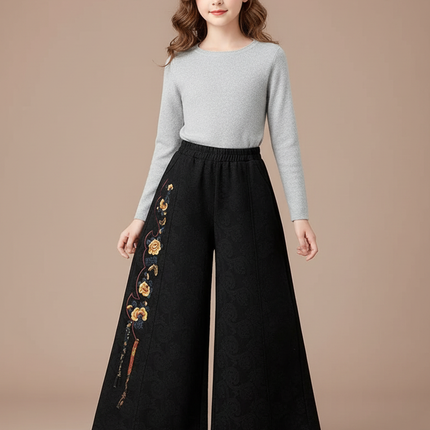 Pantalon Chinois Noir Brodé Ample Large Enfant - Laine