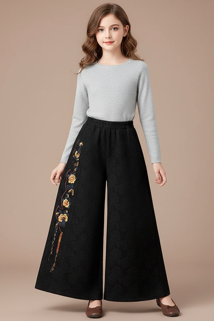 Pantalon Chinois Noir Brodé Ample Large Enfant - Laine