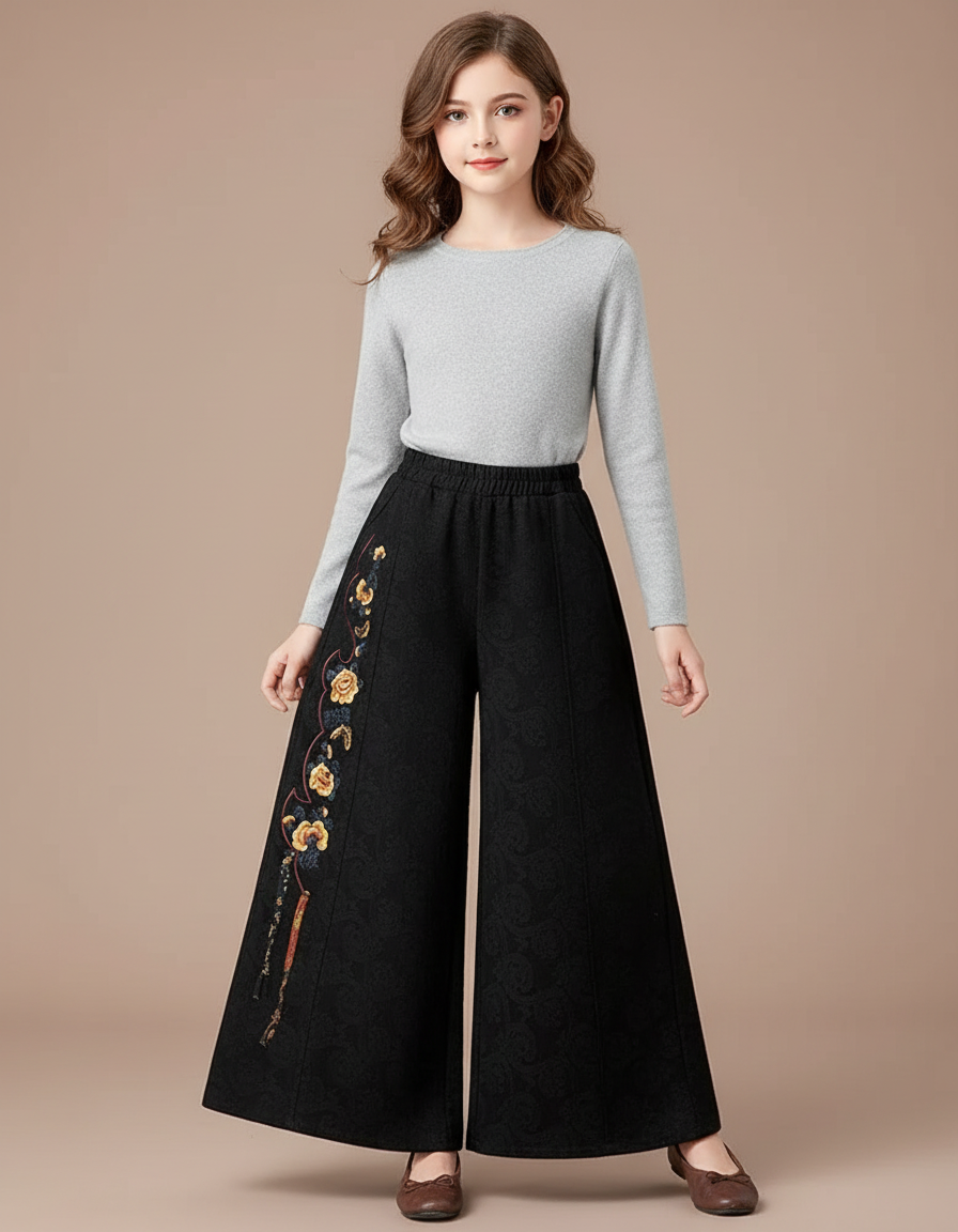 Pantalon Chinois Noir Brodé Ample Large Enfant - Laine