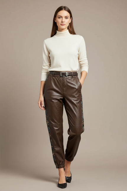 Pantalon Chinois Cuir Marron Imprimé Ample Femme