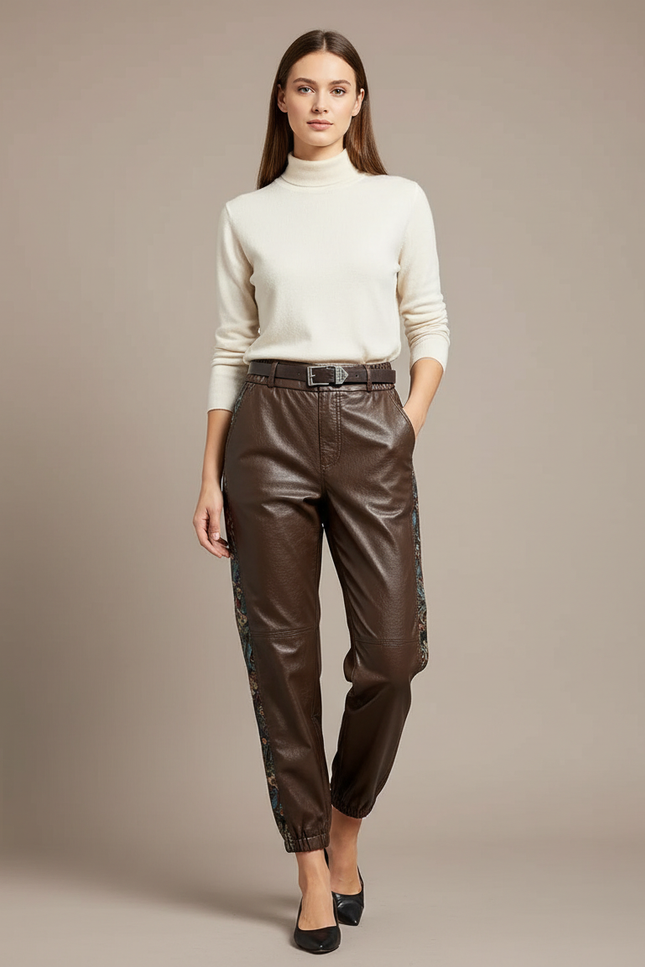 Pantalon Chinois Cuir Marron Imprimé Ample Femme