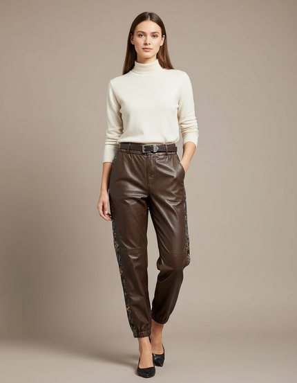 Pantalon Chinois Cuir Marron Imprimé Ample Femme