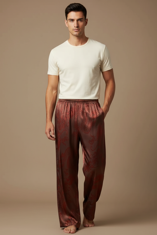 Pantalon Chinois Marron Satin Dragon Ample Homme