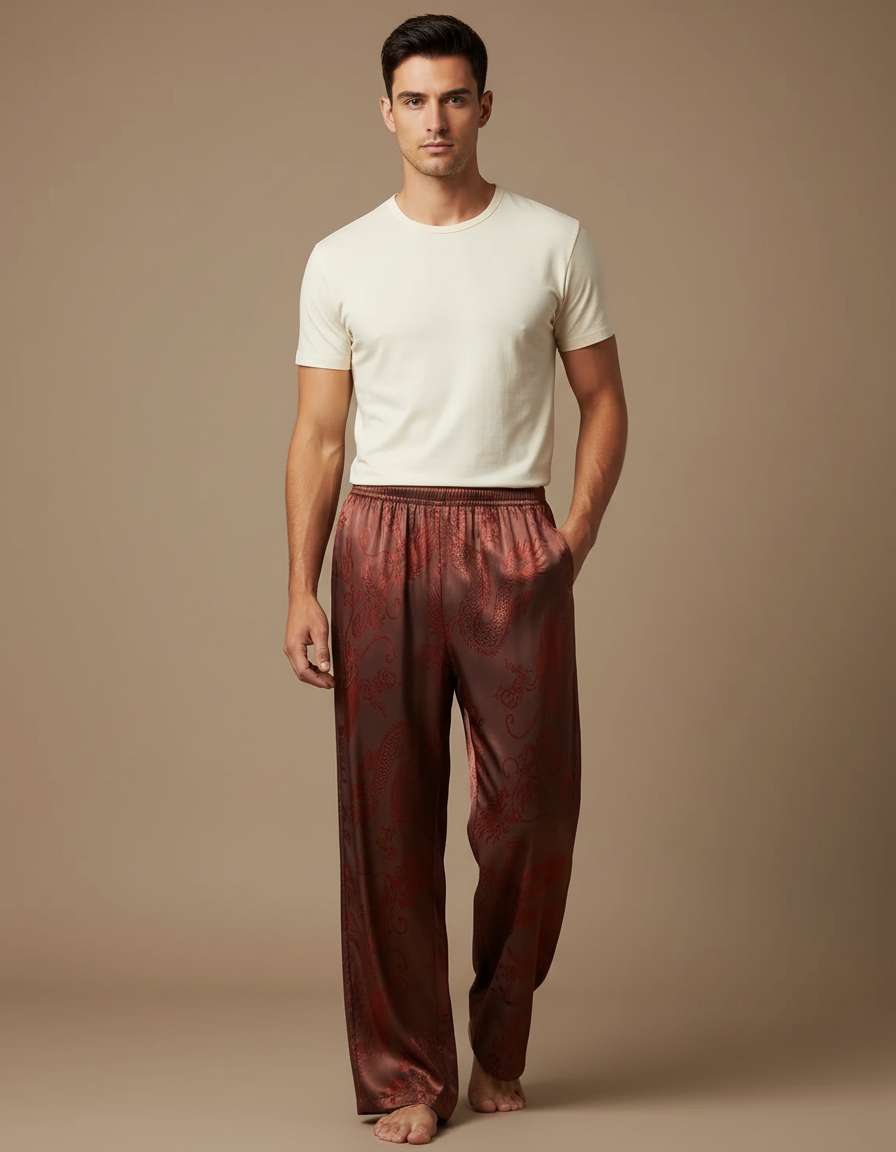 Pantalon Chinois Marron Satin Dragon Ample Homme