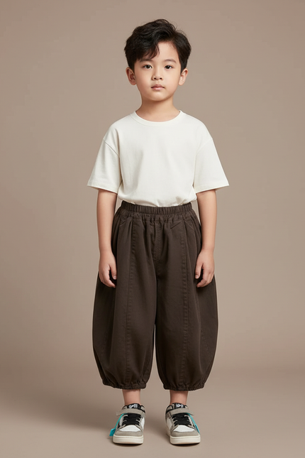 Pantalon Chinois Marron Ample Coton Élastique Garçon - Toile