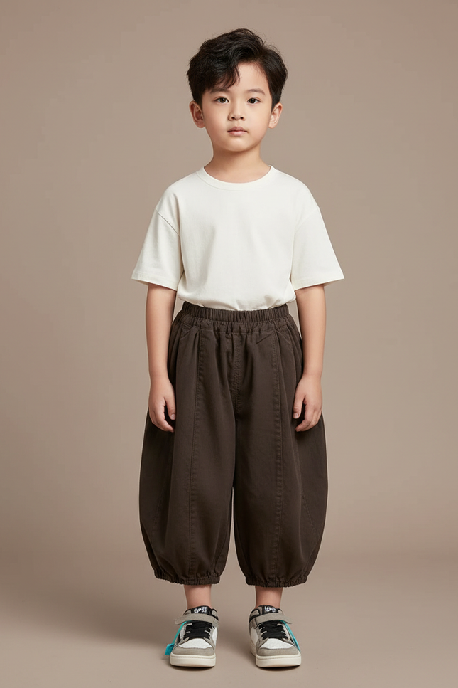 Pantalon Chinois Marron Ample Coton Élastique Garçon - Toile