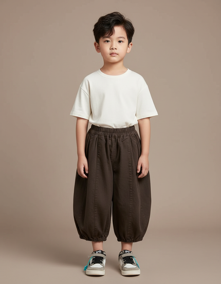 Pantalon Chinois Marron Ample Coton Élastique Garçon - Toile