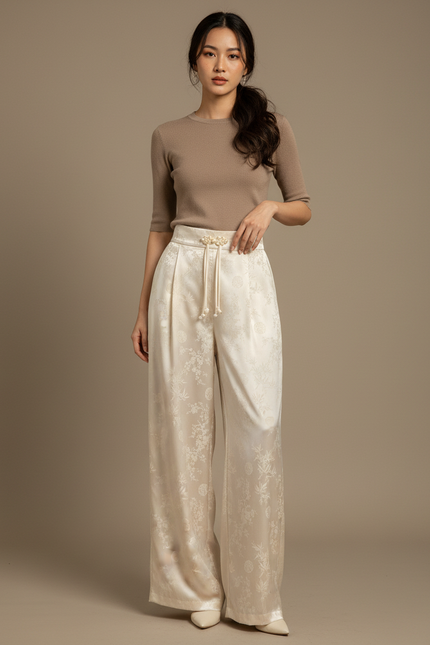 Pantalon Chinois Blanc Jacquard Ample Fluide Élégant - Satin