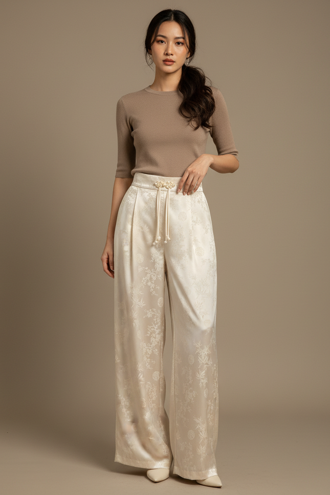 Pantalon Chinois Blanc Jacquard Ample Fluide Élégant - Satin