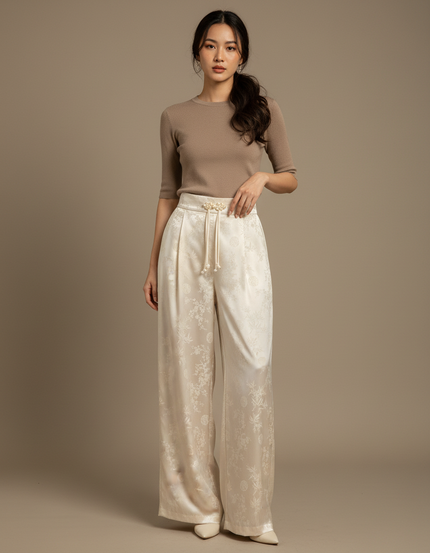 Pantalon Chinois Blanc Jacquard Ample Fluide Élégant - Satin