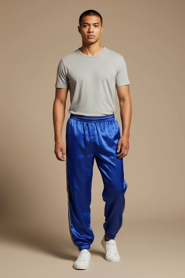 Pantalon Chinois Bleu Satiné Ample Décontracté Homme