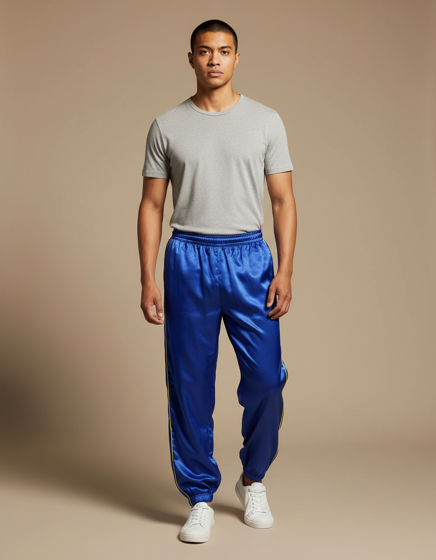 Pantalon Chinois Bleu Satiné Ample Décontracté Homme